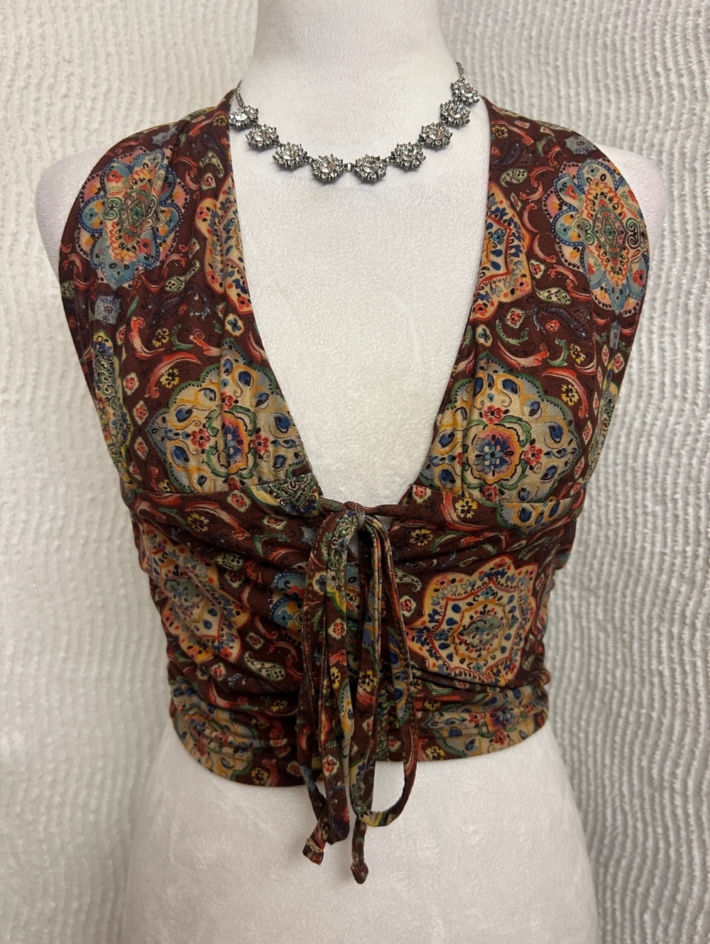 2 Piece Size Small Boho Tops Green Floral Bow Tank Brown Paisley Halter Y2K 70s - Picture 6 of 7